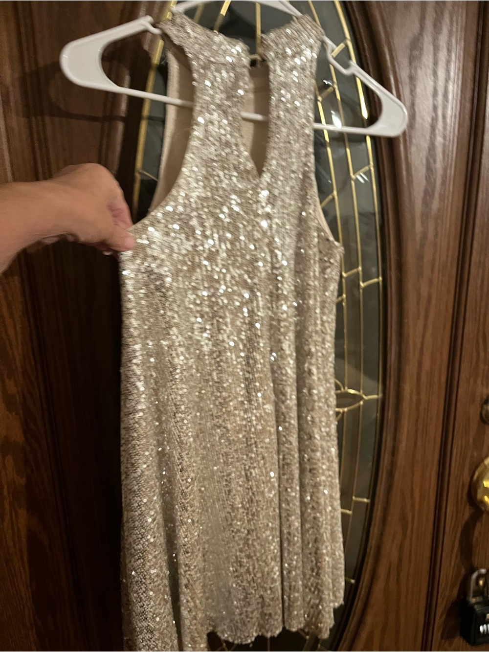 Joyfolie Sparkling Champagne Sequin Halter Mini Dress